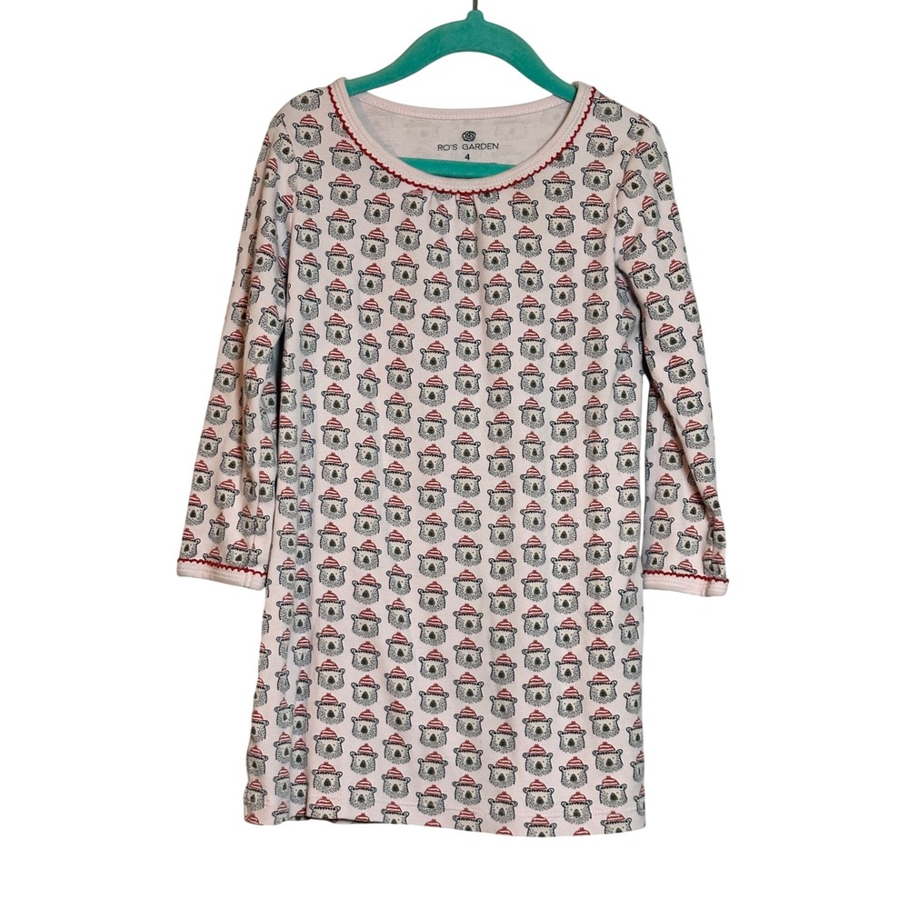 Ro's Garden Kids Pink Pima Cotton Bear Print Lounge Dress SZ 4 Long Sleeve